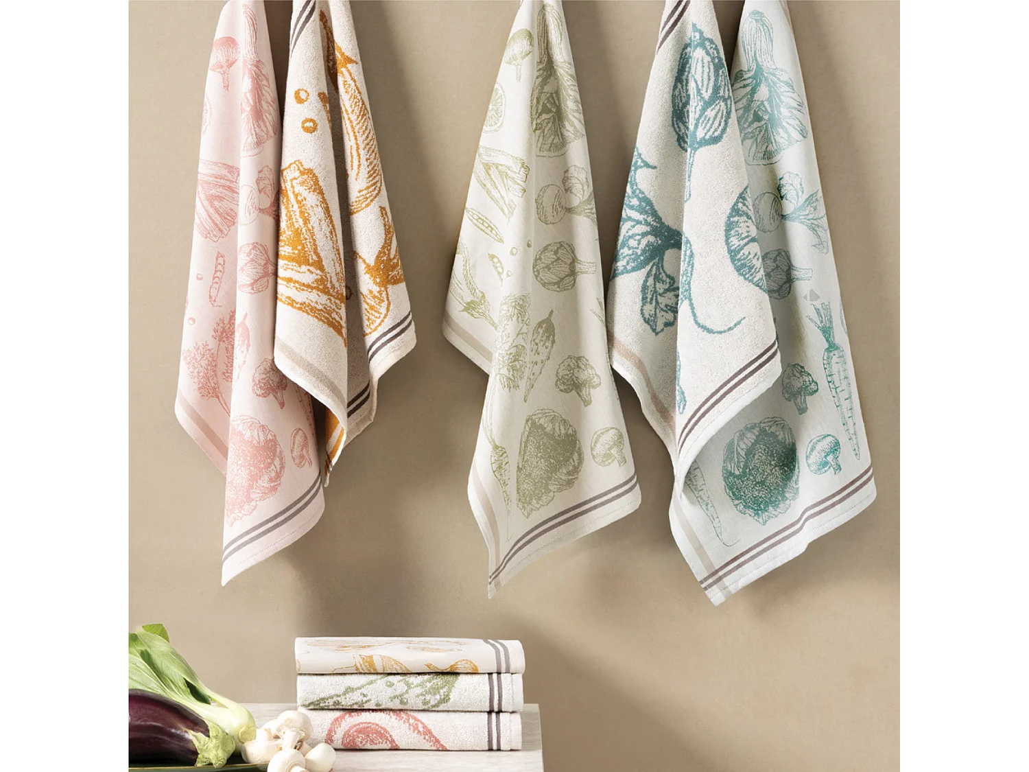 Lot de 2 torchons de cuisine toile VEG 50x70 cm jaune Moutarde