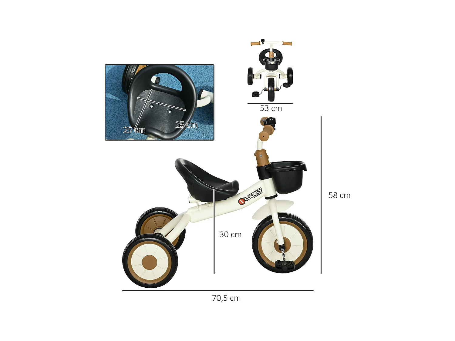 Tricycle enfant multi-équipé garde-boue sonnette panier pédales antidérapantes siège réglable avec dossier métal blanc