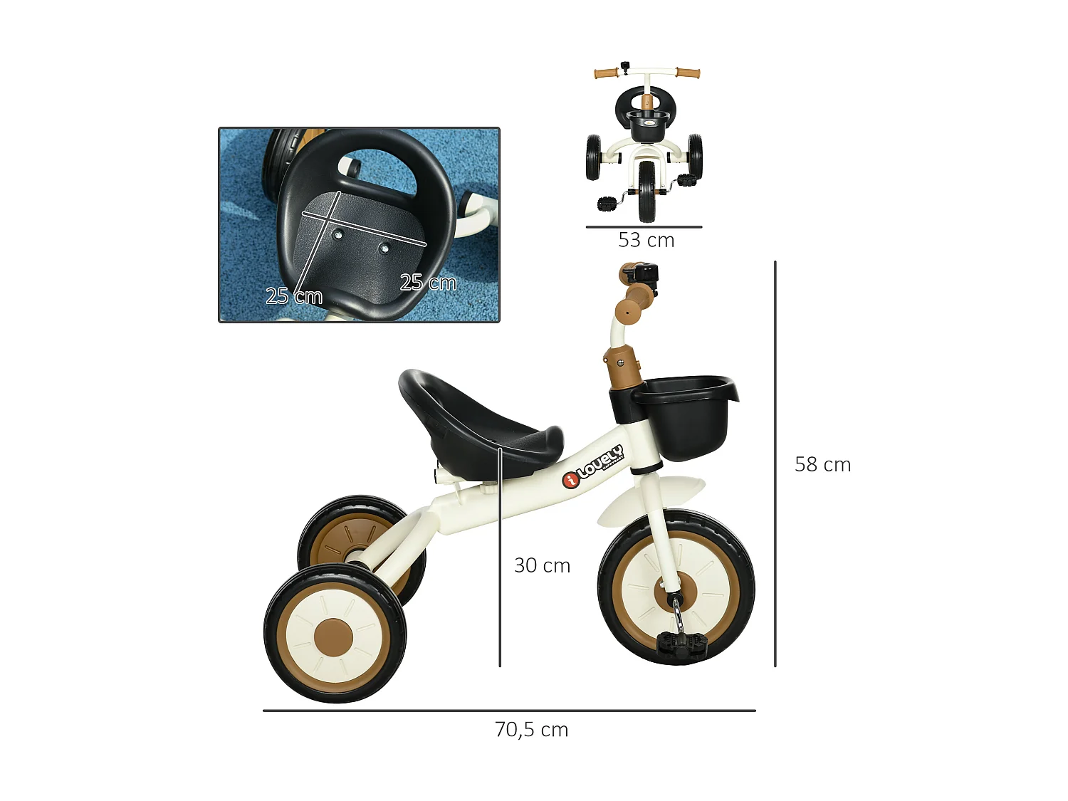 Tricycle enfant multi-équipé garde-boue sonnette panier pédales antidérapantes siège réglable avec dossier métal blanc