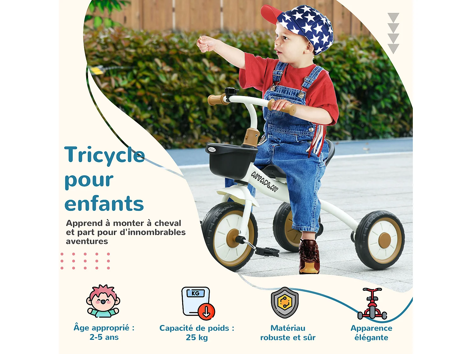 Tricycle enfant multi-équipé garde-boue sonnette panier pédales antidérapantes siège réglable avec dossier métal blanc