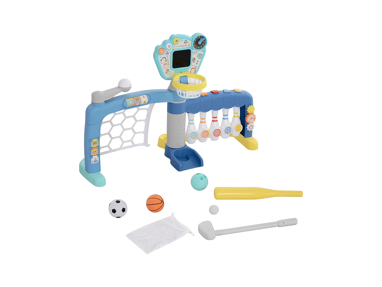 Jeux sportifs 5 en 1 enfant 18-48 mois - foot, basket, golf, baseball, bowling - effets lumineux sonores bleu