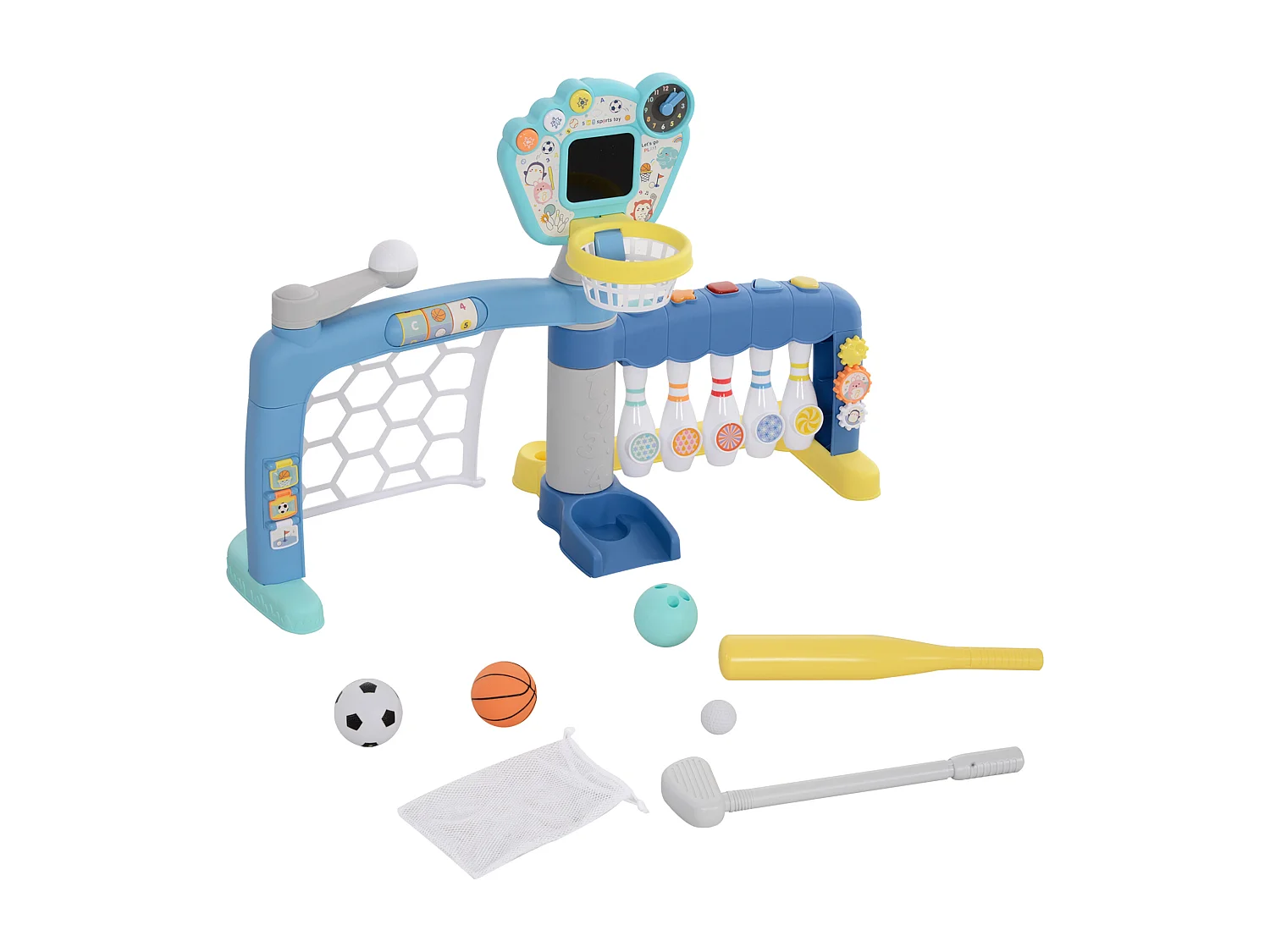 Jeux sportifs 5 en 1 enfant 18-48 mois - foot, basket, golf, baseball, bowling - effets lumineux sonores bleu