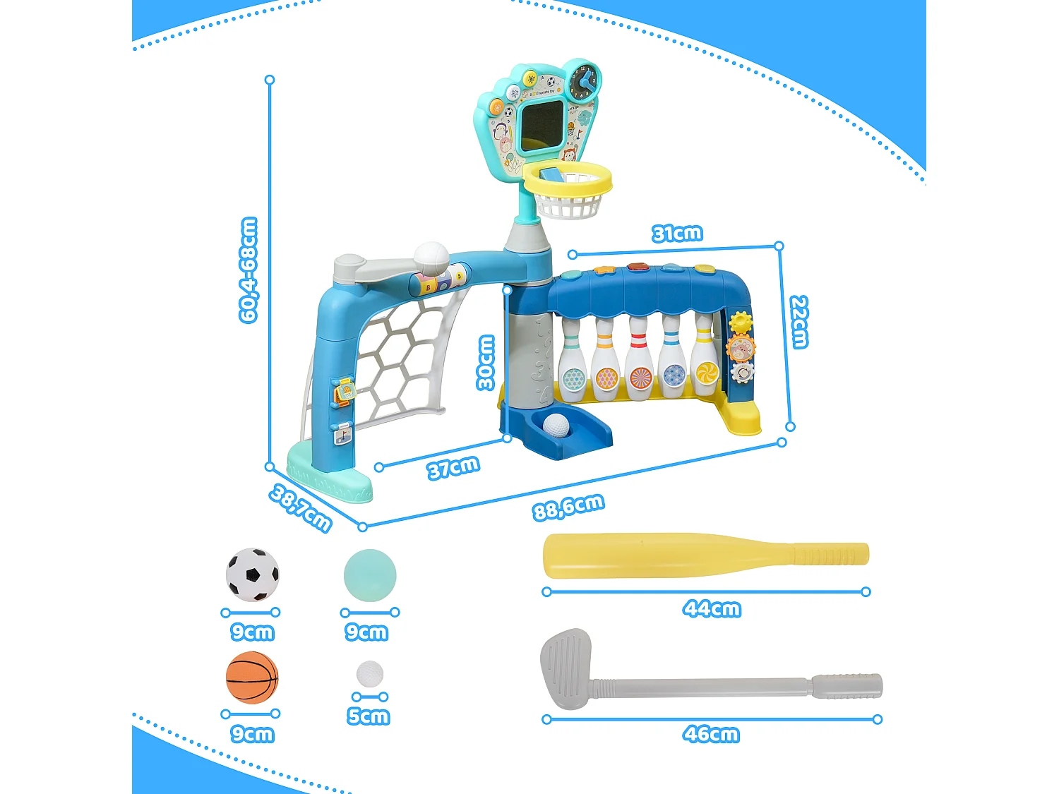 Jeux sportifs 5 en 1 enfant 18-48 mois - foot, basket, golf, baseball, bowling - effets lumineux sonores bleu