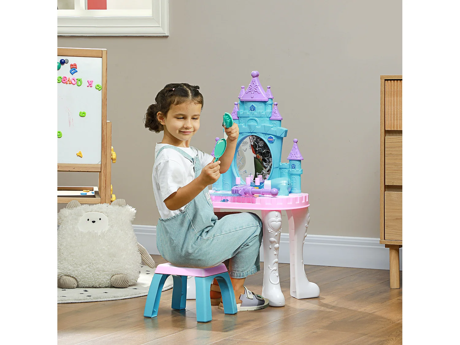 Ensemble coiffeuse tabouret enfant design château - nombreux accessoires - effets lumineux sonores - bleu blanc rose