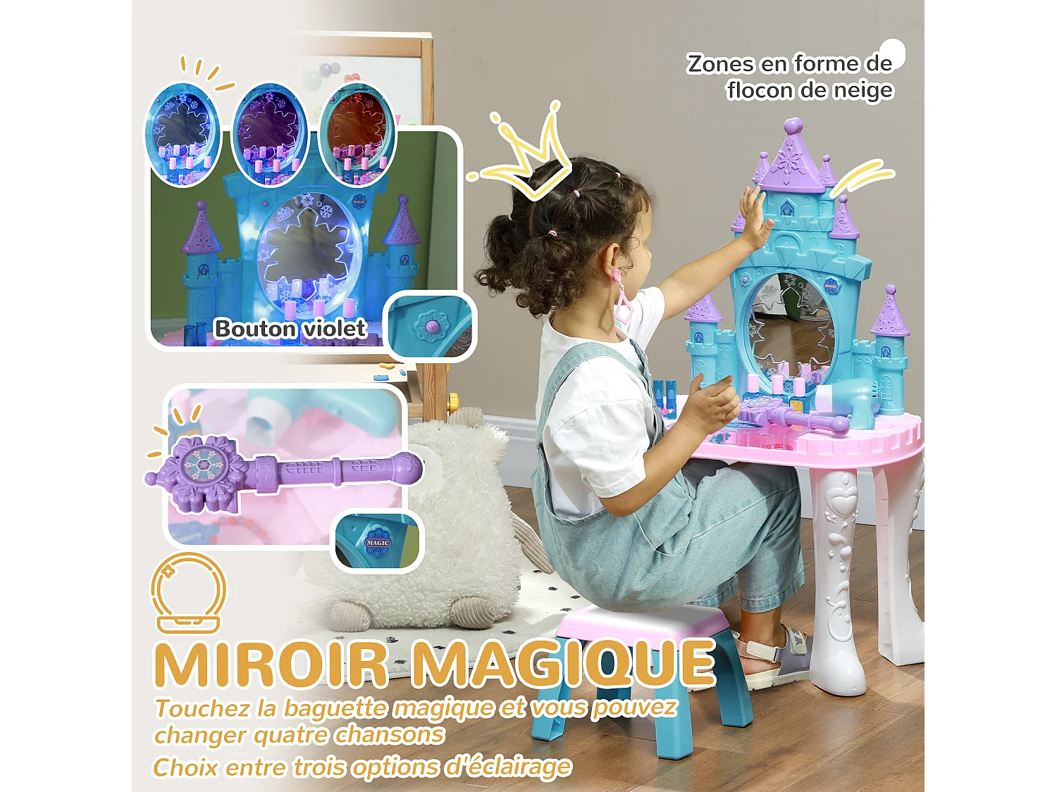 Ensemble coiffeuse tabouret enfant design château - nombreux accessoires - effets lumineux sonores - bleu blanc rose