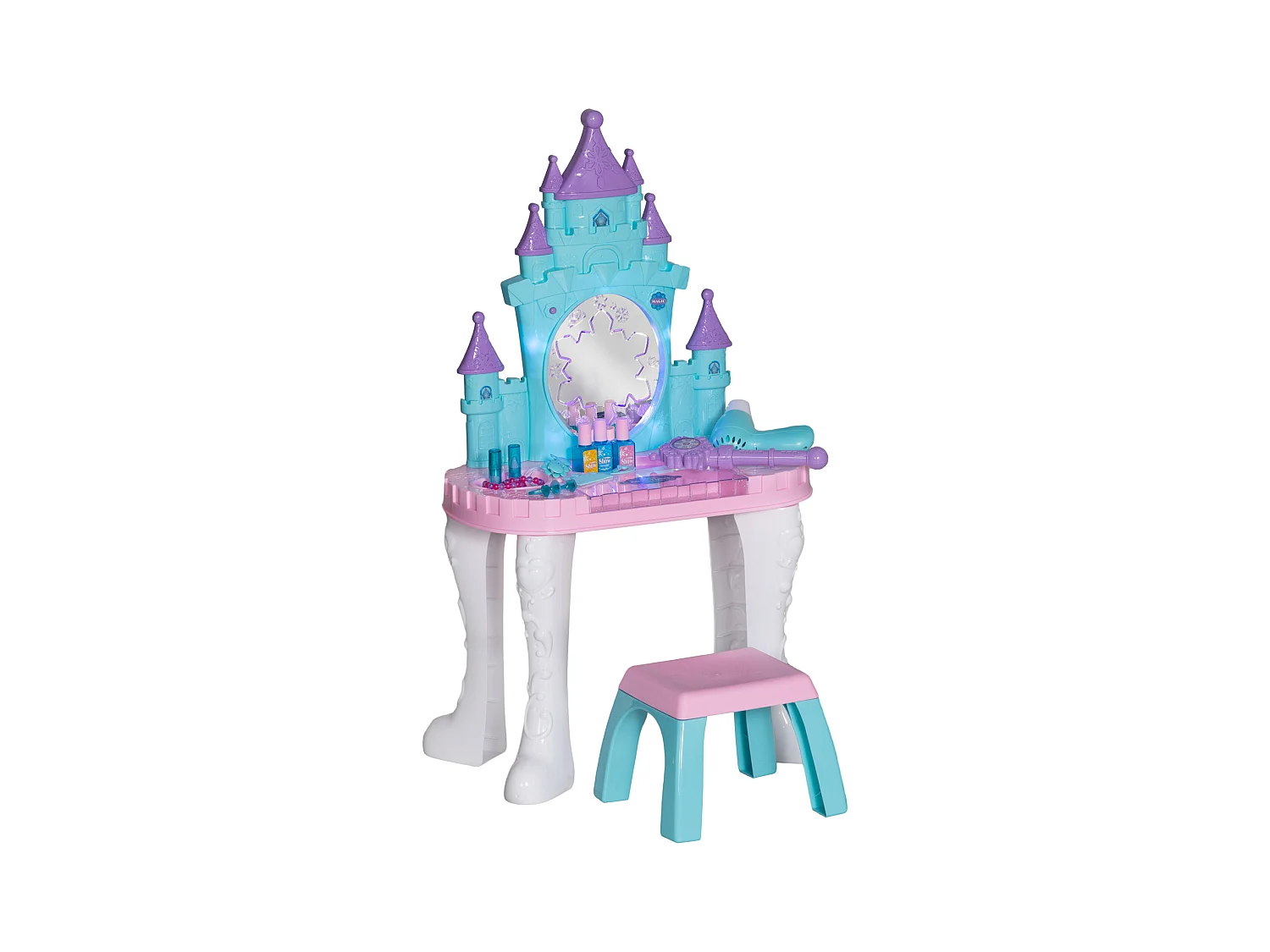 Ensemble coiffeuse tabouret enfant design château - nombreux accessoires - effets lumineux sonores - bleu blanc rose
