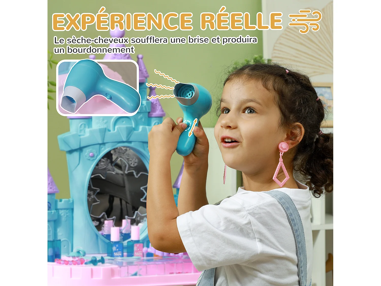 Ensemble coiffeuse tabouret enfant design château - nombreux accessoires - effets lumineux sonores - bleu blanc rose