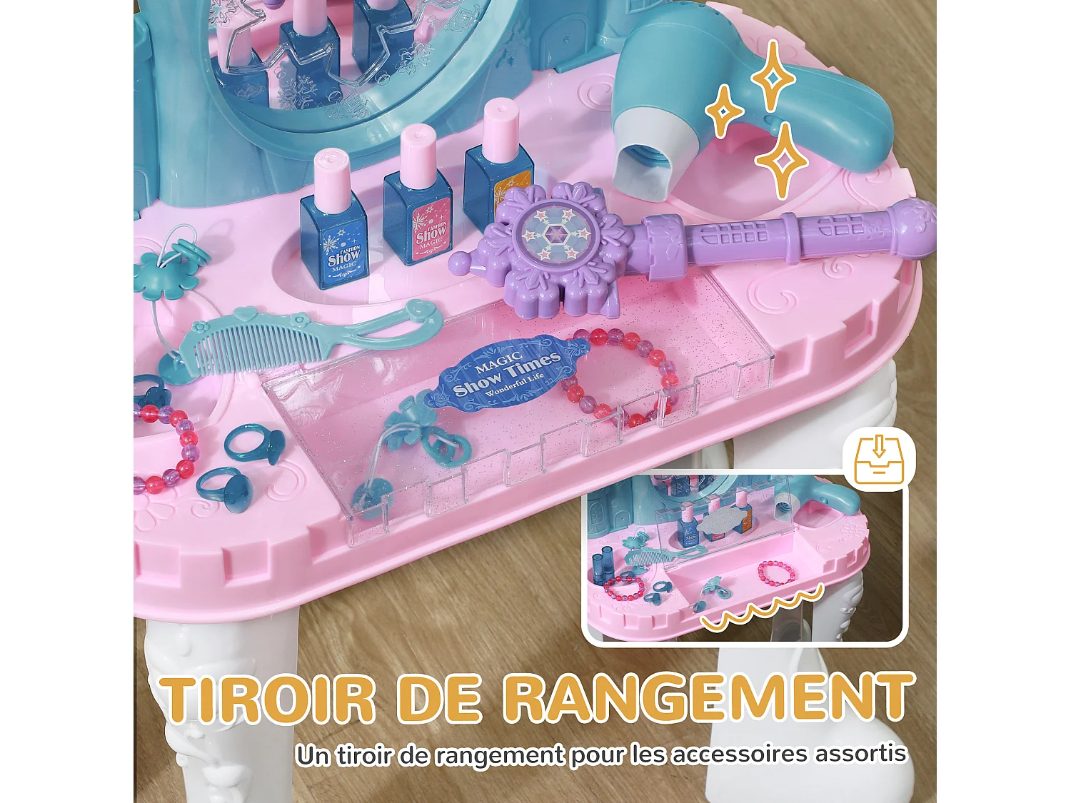 Ensemble coiffeuse tabouret enfant design château - nombreux accessoires - effets lumineux sonores - bleu blanc rose