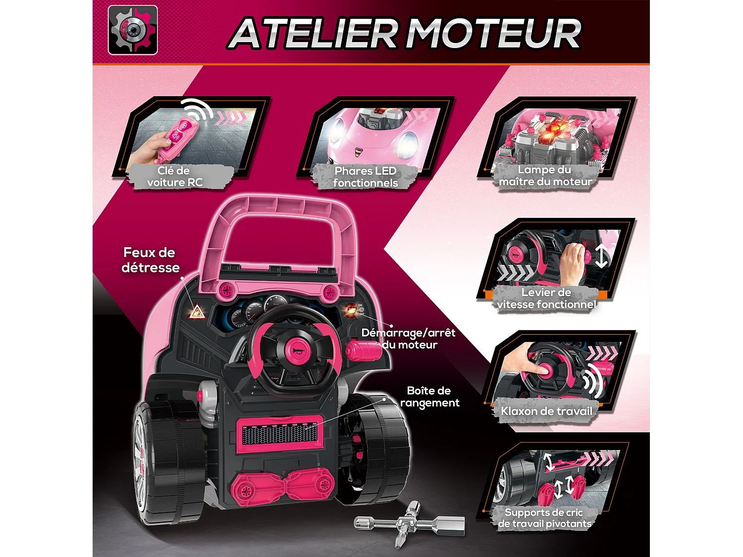 Camion mécano 2 en 1 - jouet bricolage enfant - jeu d'imitation mécanicien - nombreux accessoires total de 61 pièces - effets sonores et lumineux - PP ABS rose