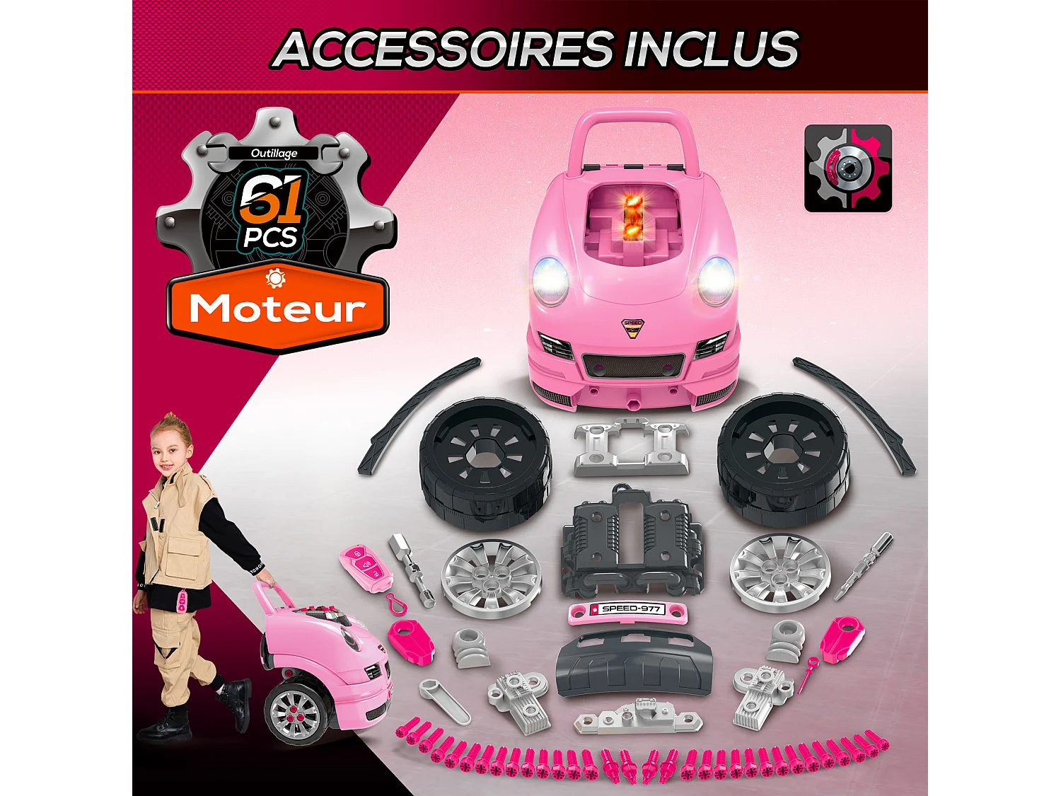 Camion mécano 2 en 1 - jouet bricolage enfant - jeu d'imitation mécanicien - nombreux accessoires total de 61 pièces - effets sonores et lumineux - PP ABS rose