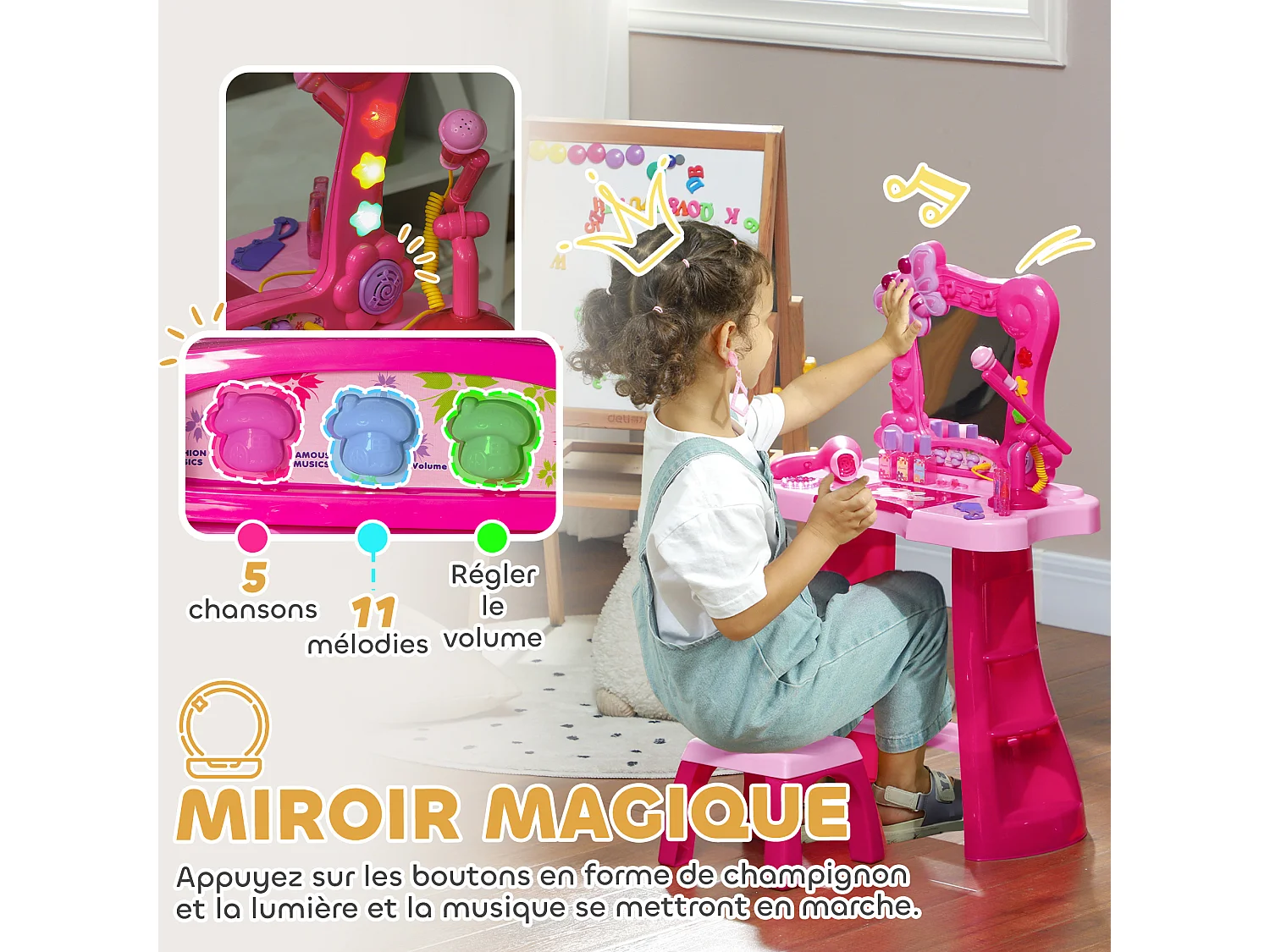 Ensemble coiffeuse tabouret enfant design - nombreux accessoires - effets lumineux sonores - rose