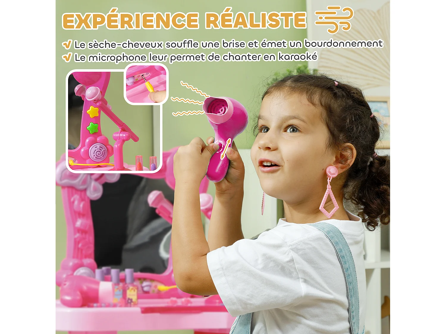 Ensemble coiffeuse tabouret enfant design - nombreux accessoires - effets lumineux sonores - rose