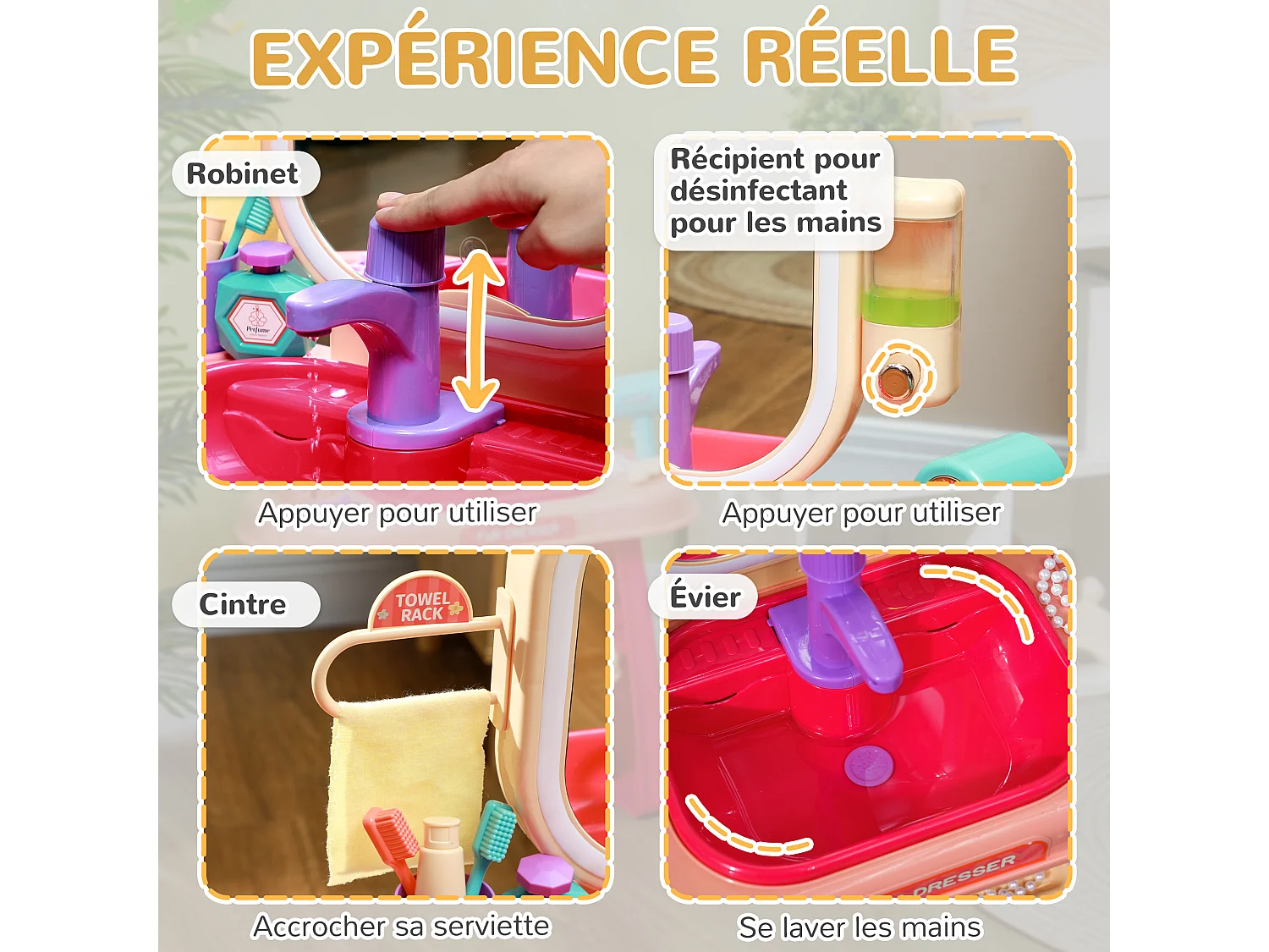 Coiffeuse enfant style néo-rétro - nombreux accessoires - effets lumineux sonores - beige rose