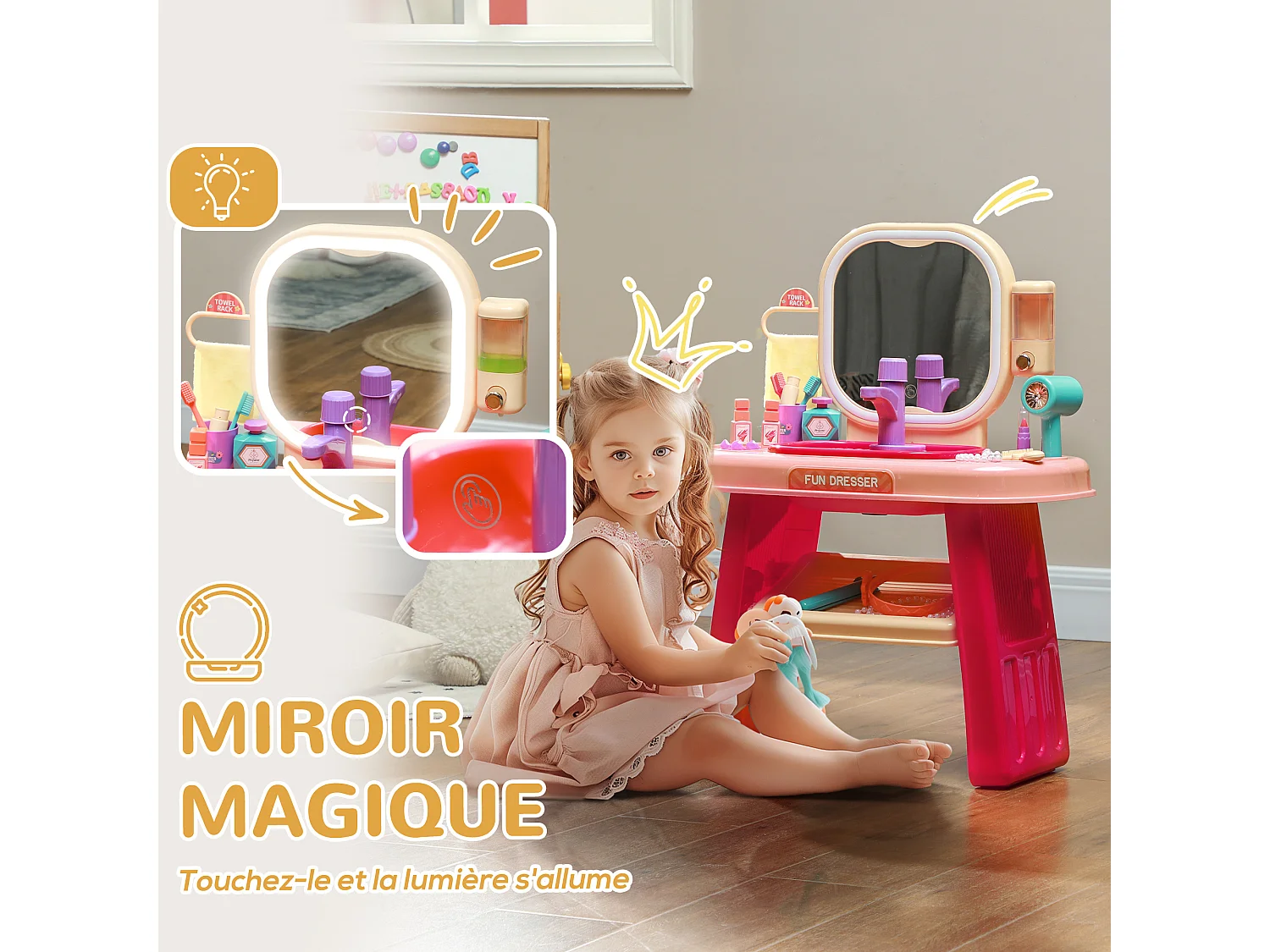 Coiffeuse enfant style néo-rétro - nombreux accessoires - effets lumineux sonores - beige rose