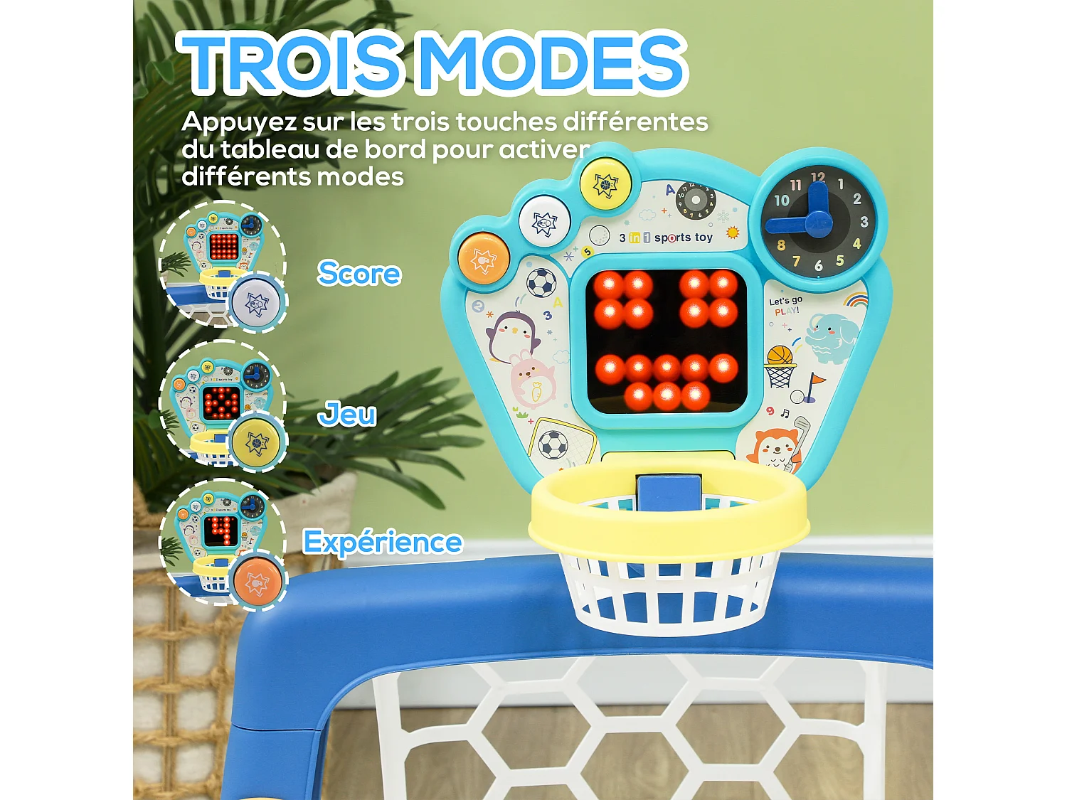 Jeux sportifs 3 en 1 enfant 18-48 mois - foot, basket, golf - effets lumineux sonores bleu
