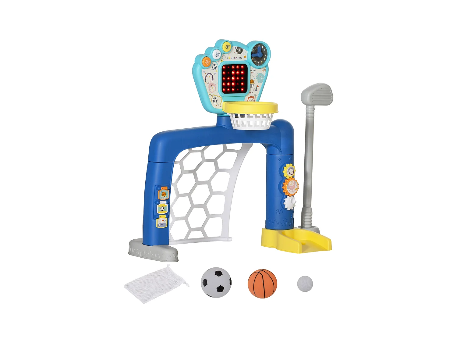Jeux sportifs 3 en 1 enfant 18-48 mois - foot, basket, golf - effets lumineux sonores bleu