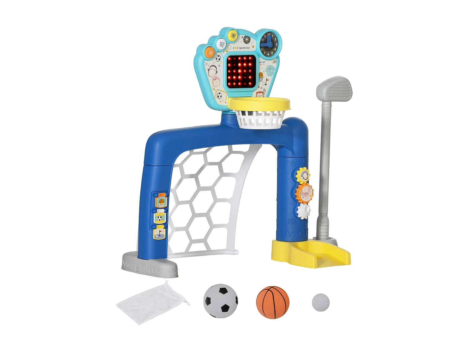 Jeux sportifs 3 en 1 enfant 18-48 mois - foot, basket, golf - effets lumineux sonores bleu