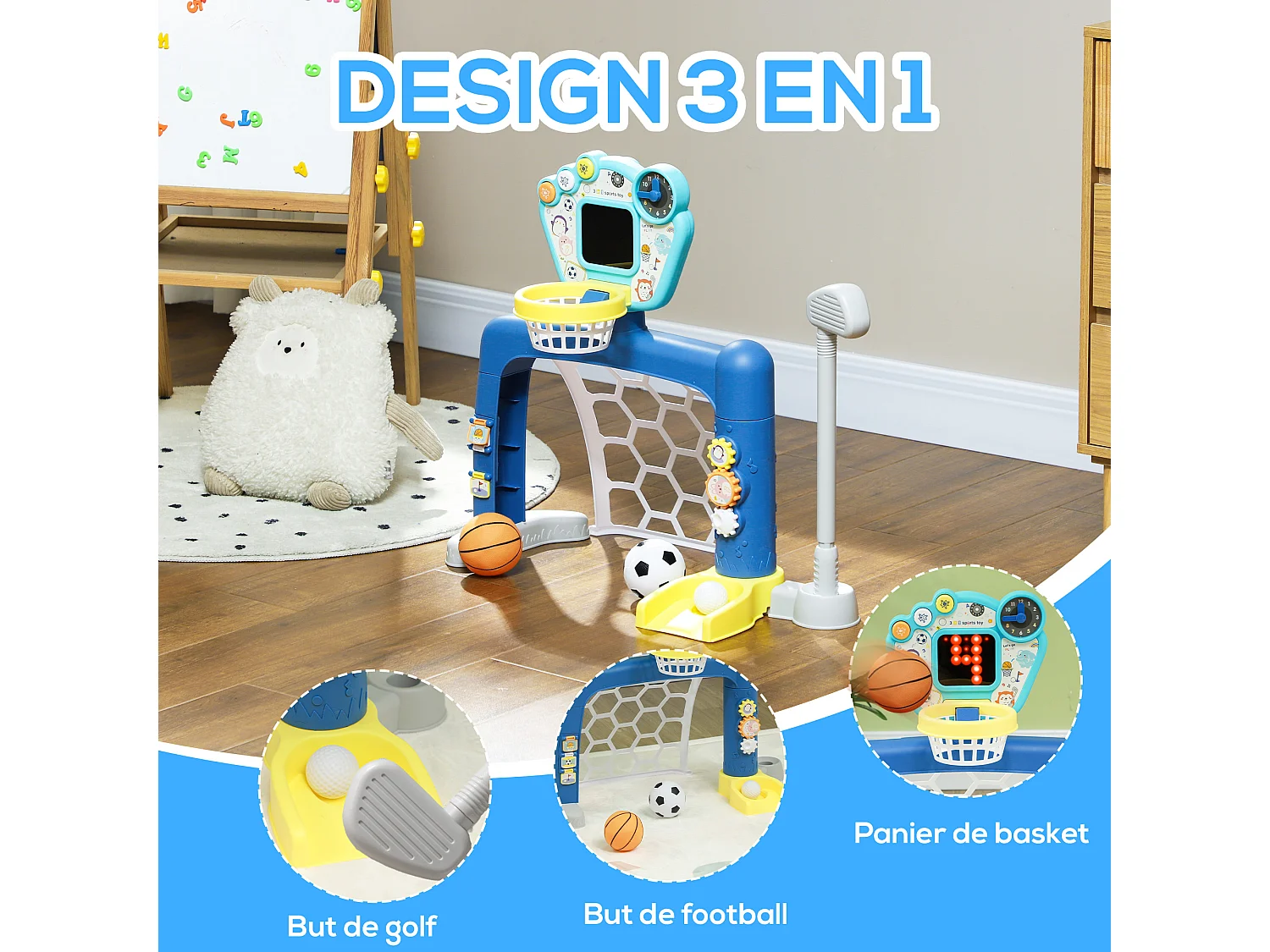 Jeux sportifs 3 en 1 enfant 18-48 mois - foot, basket, golf - effets lumineux sonores bleu