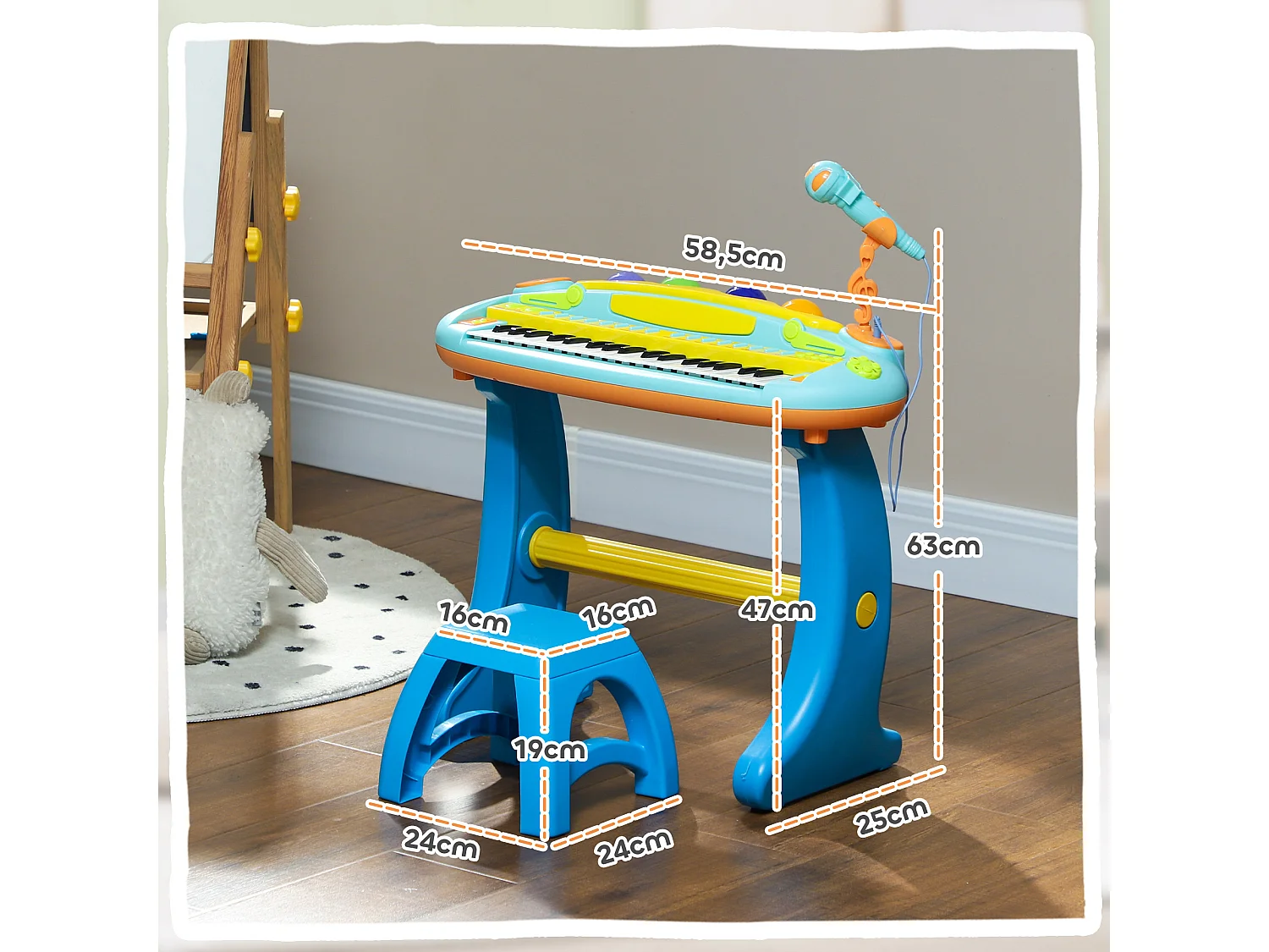 Clavier musical pour enfant - piano enfant avec tabouret et micro - 37 touches, 22 chansons, 8 instruments et rythmes - jaune bleu