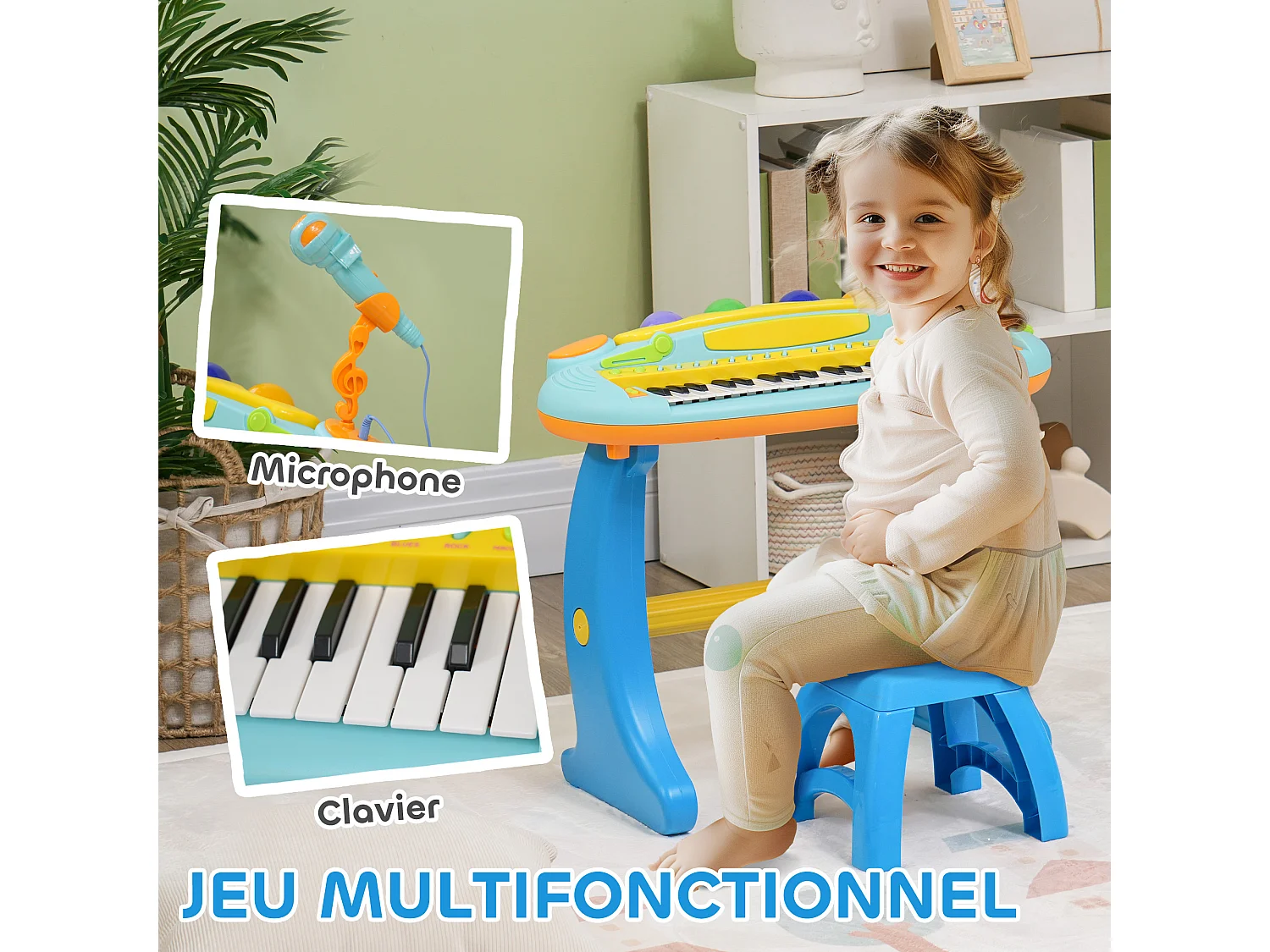 Clavier musical pour enfant - piano enfant avec tabouret et micro - 37 touches, 22 chansons, 8 instruments et rythmes - jaune bleu