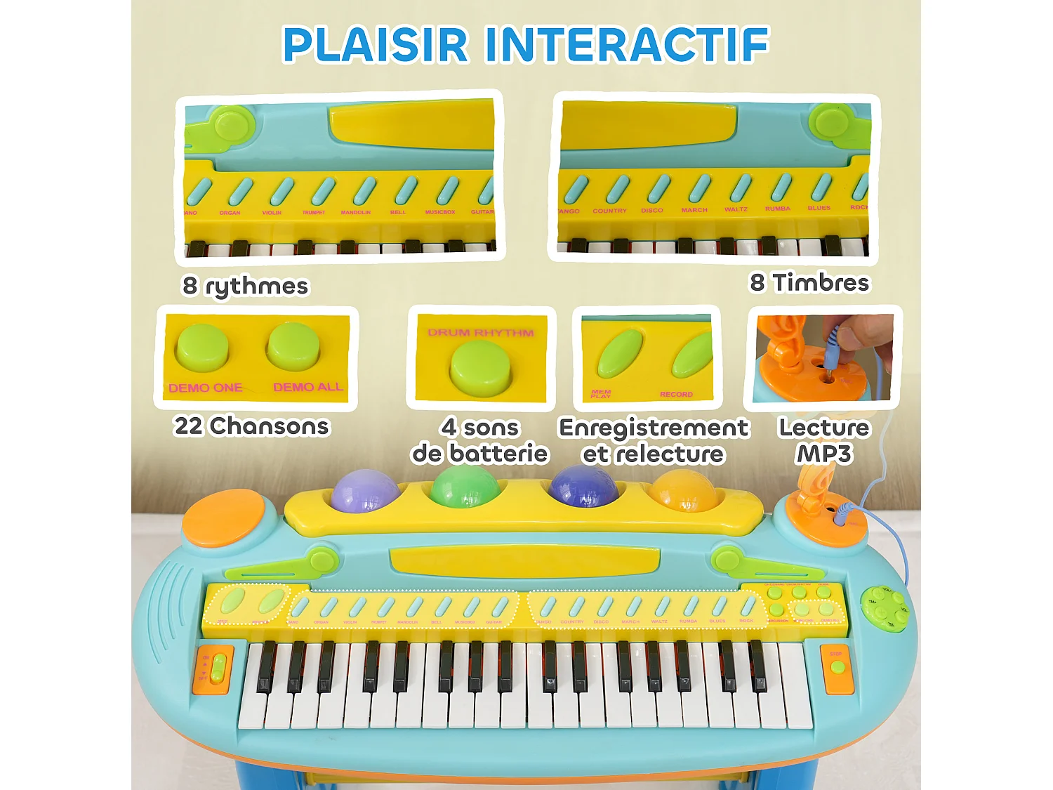 Clavier musical pour enfant - piano enfant avec tabouret et micro - 37 touches, 22 chansons, 8 instruments et rythmes - jaune bleu