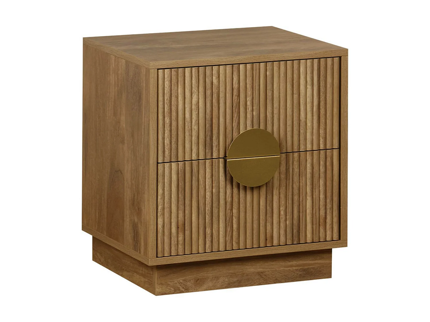 Table de chevet 2 tiroirs décor bois de manguier rainuré. poignées en métal doré. L42 x P38 x H50cm