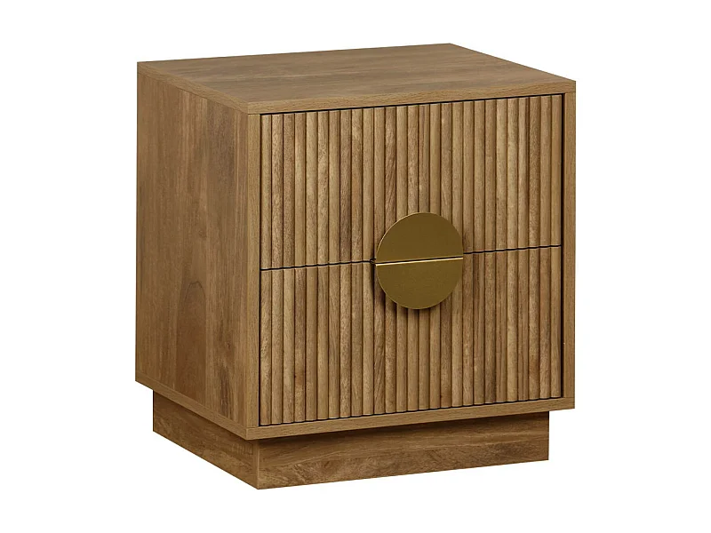 Table de chevet 2 tiroirs décor bois de manguier rainuré. poignées en métal doré. L42 x P38 x H50cm