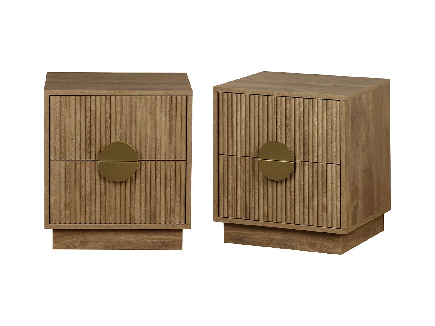 Lot de 2 tables de chevet 2 tiroirs effet bois de manguier rainuré. poignées en métal doré. L42 x P38 x H50cm