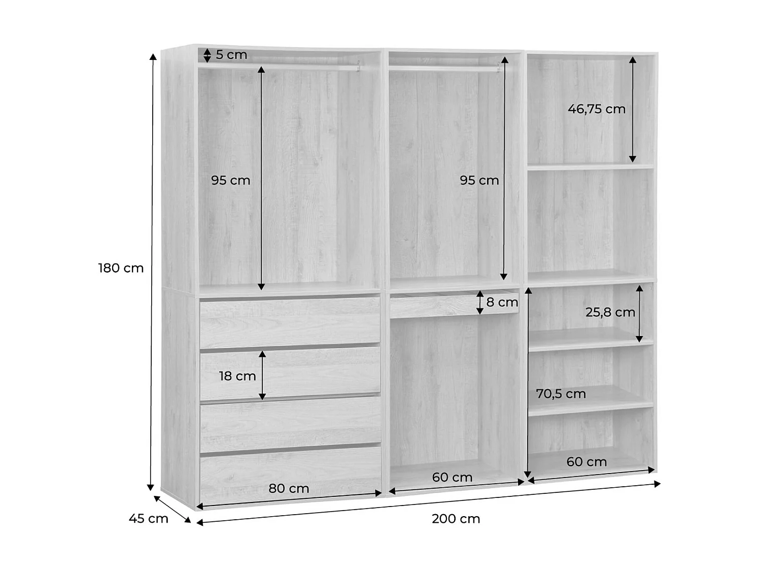 Kit dressing modulable avec 3 éléments. étagères. tiroirs. penderie. porte pantalons. coloris naturel 200 x 45 x 180 cm