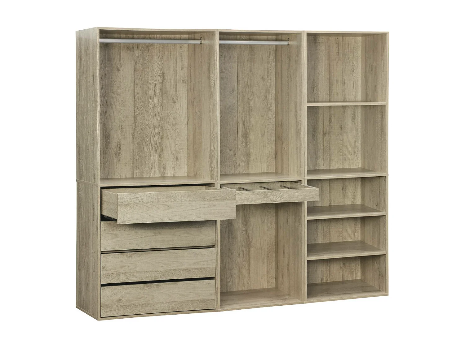 Kit dressing modulable avec 3 éléments. étagères. tiroirs. penderie. porte pantalons. coloris naturel 200 x 45 x 180 cm