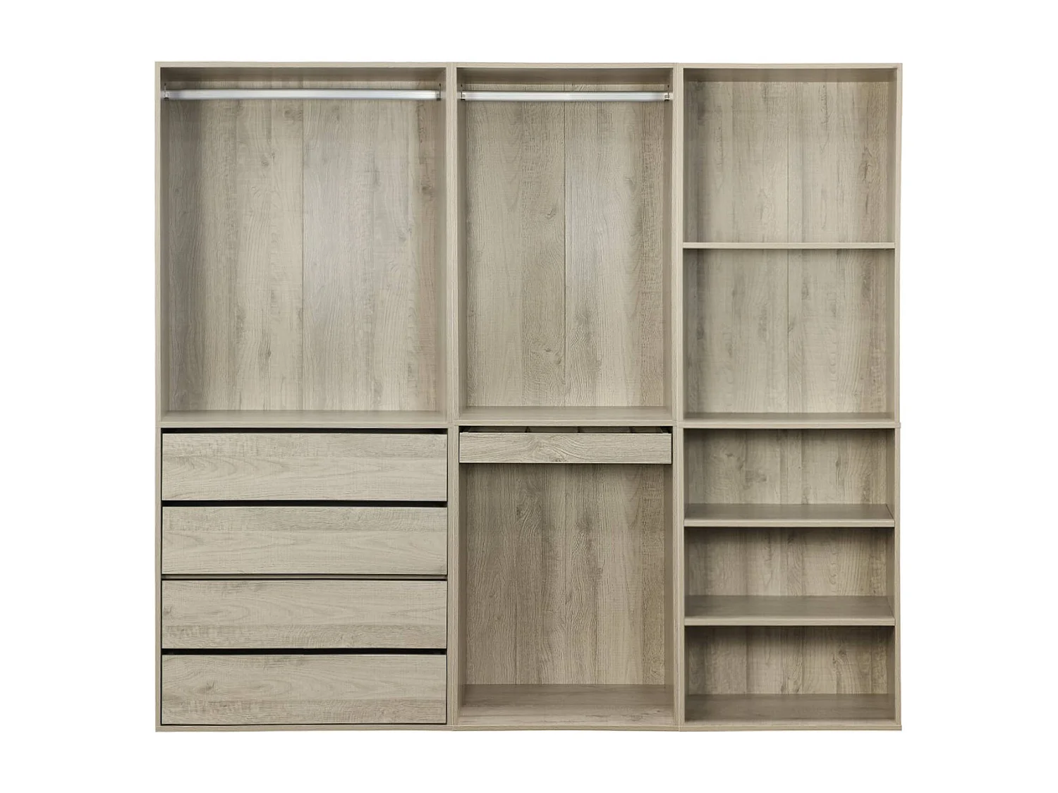 Kit dressing modulable avec 3 éléments. étagères. tiroirs. penderie. porte pantalons. coloris naturel 200 x 45 x 180 cm