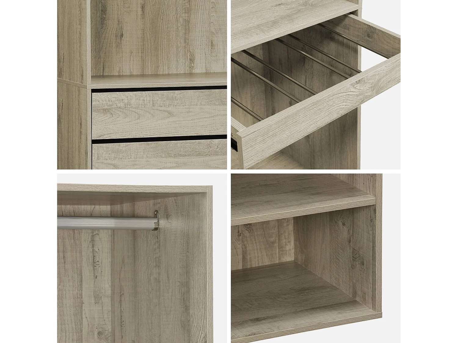 Kit dressing modulable avec 3 éléments. étagères. tiroirs. penderie. porte pantalons. coloris naturel 200 x 45 x 180 cm