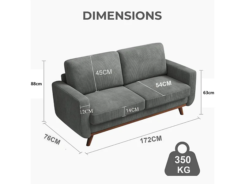2-zits bank, massief houten bank, met extra diepe zitting, Zitting met gevoerde rugleuning - 172x76x88CM