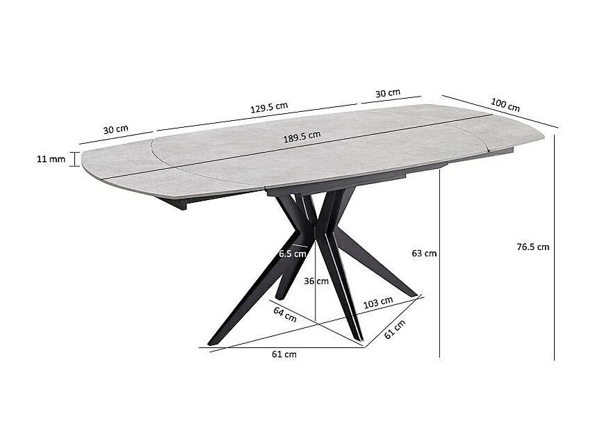 Table extensible ovale 130 à 190 cm en céramique gris béton - ADELE