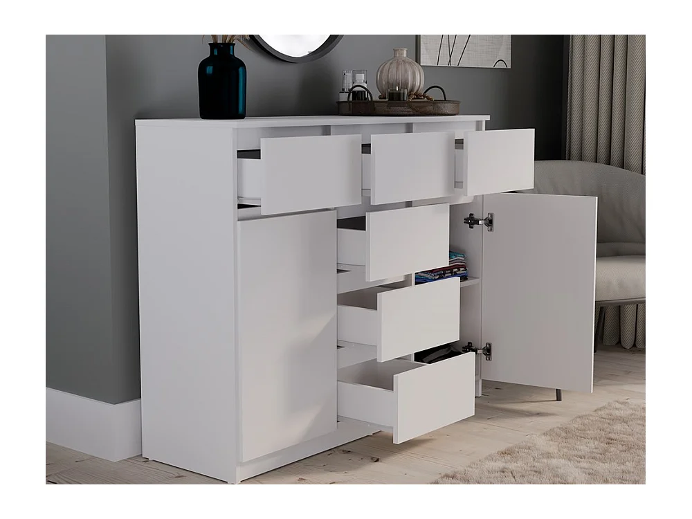 MALWA - Commode 6 tiroirs et 2 portes - 100x120x40 - chambre/bureau/salon - Blanc