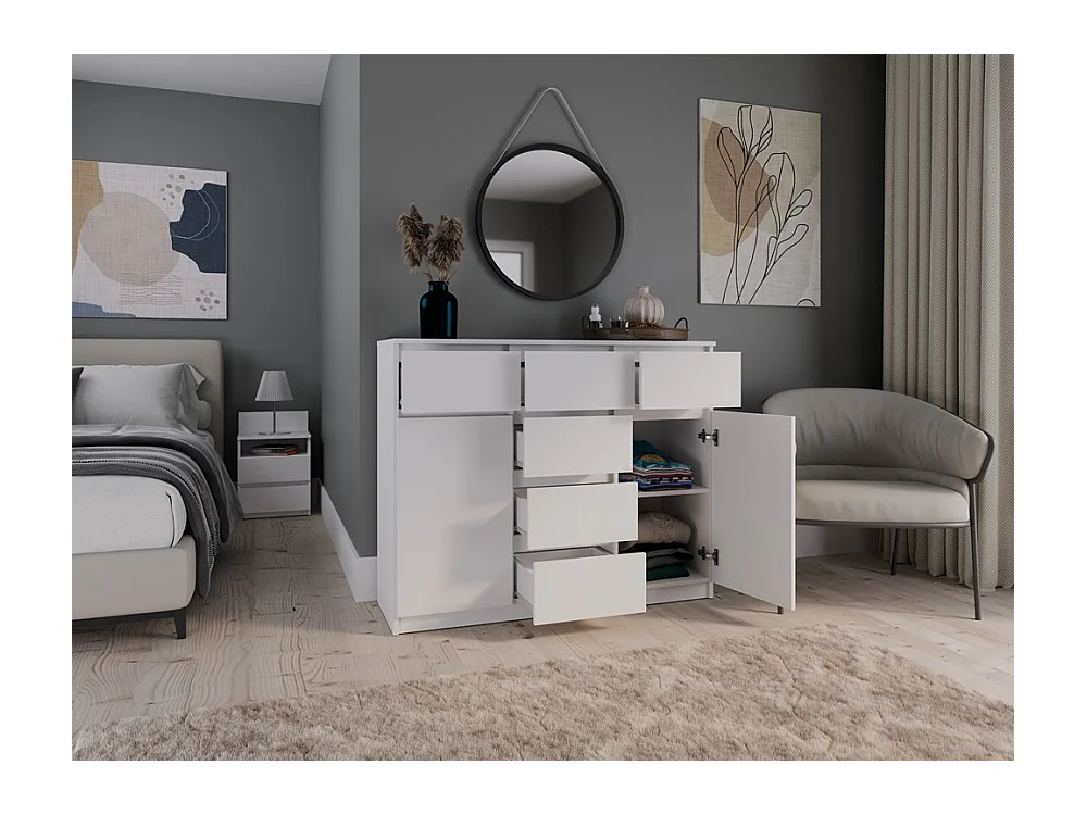 MALWA - Commode 6 tiroirs et 2 portes - 100x120x40 - chambre/bureau/salon - Blanc