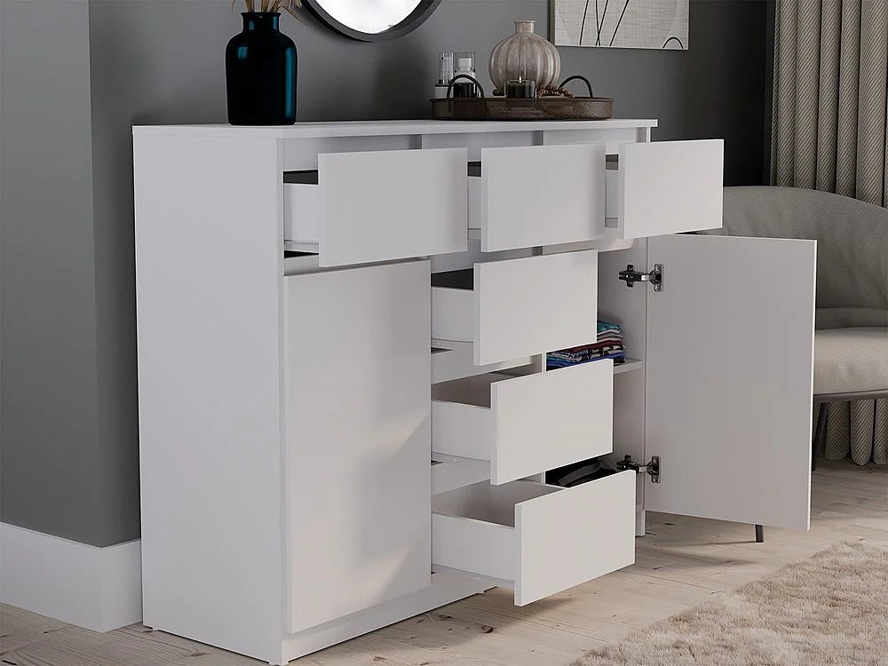MALWA - Commode 6 tiroirs et 2 portes - 100x120x40 - chambre/bureau/salon - Blanc