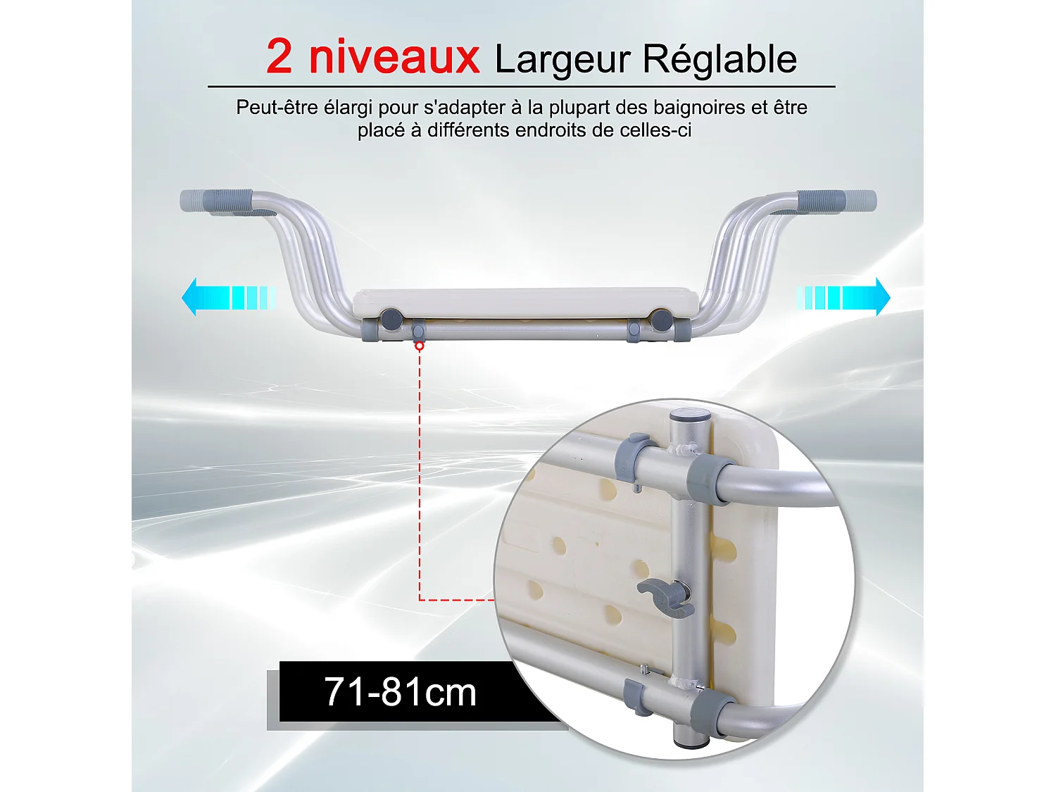 Siège de baignoire - siège de bain suspendu réglable - tabouret de salle de bain - dim. 71-81L x 22l x 18H cm - alu. HDPE blanc