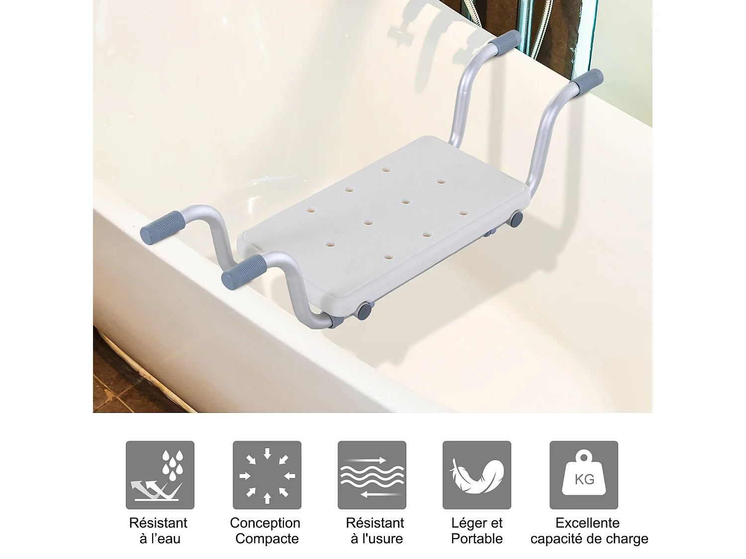 Siège de baignoire - siège de bain suspendu réglable - tabouret de salle de bain - dim. 71-81L x 22l x 18H cm - alu. HDPE blanc