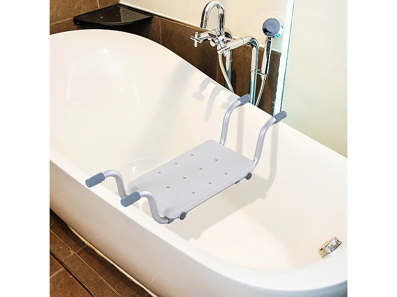 Siège de baignoire - siège de bain suspendu réglable - tabouret de salle de bain - dim. 71-81L x 22l x 18H cm - alu. HDPE blanc