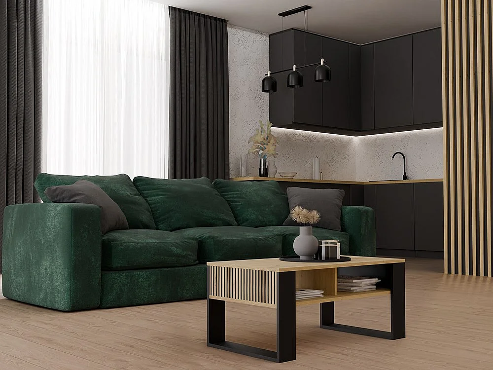 Ława Modern 2P SLIM | Dąb Artisan/Czarny | 90x58x50 cm | Stolik Kawowy