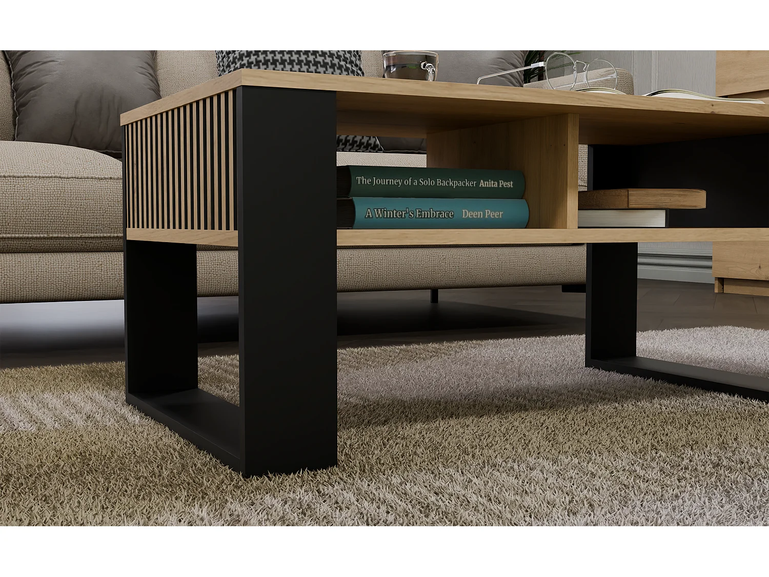 Ława Modern 2P SLIM | Dąb Artisan/Czarny | 90x58x50 cm | Stolik Kawowy