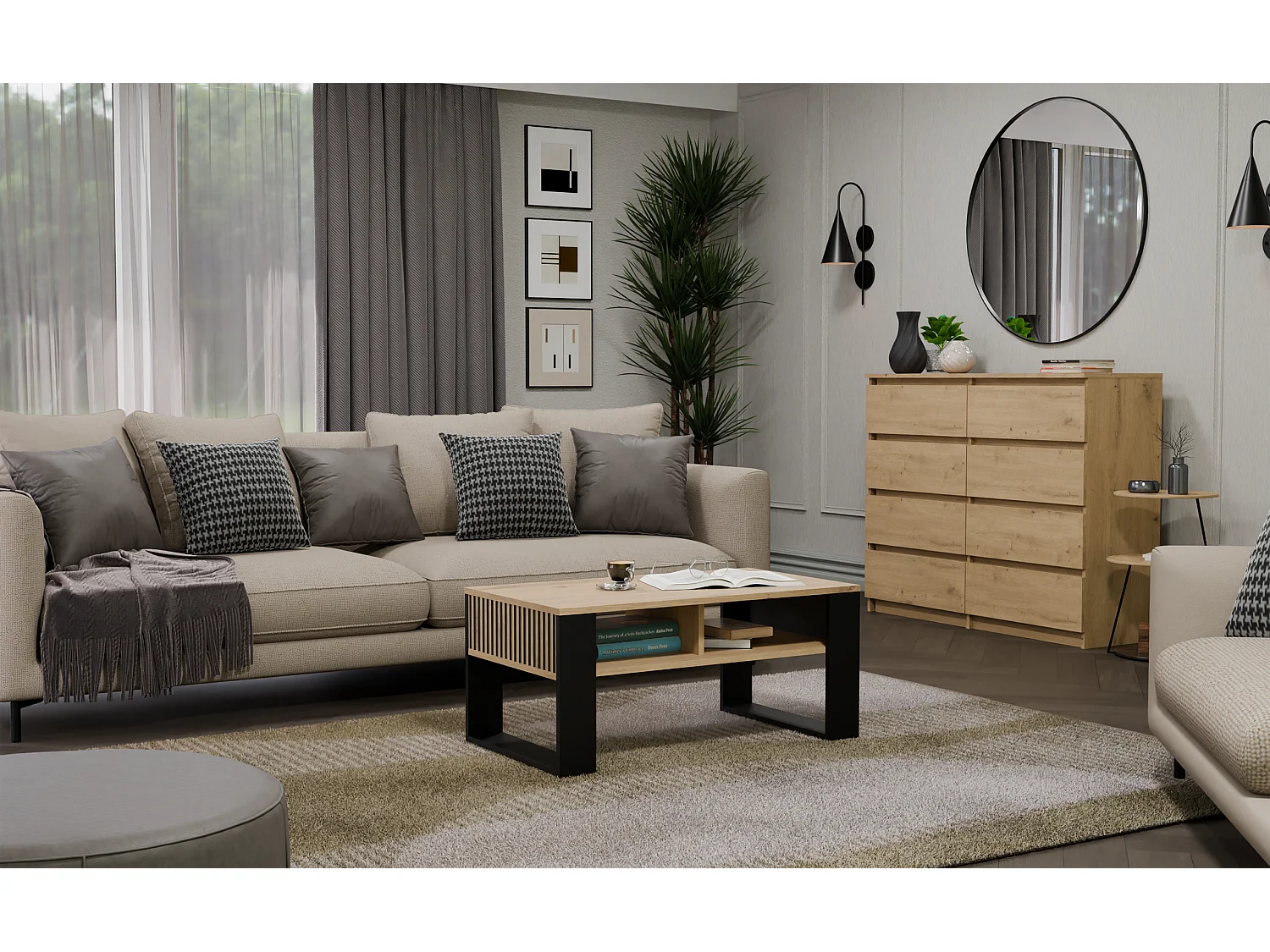 Ława Modern 2P SLIM | Dąb Artisan/Czarny | 90x58x50 cm | Stolik Kawowy