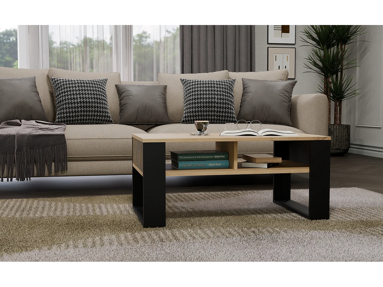 Ława Modern 2P SLIM | Dąb Artisan/Czarny | 90x58x50 cm | Stolik Kawowy