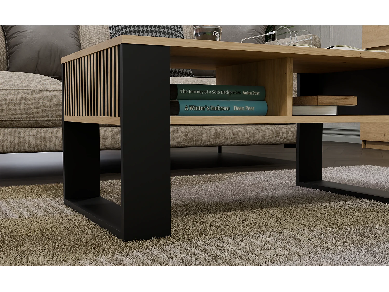 Ława Modern 2P SLIM | Dąb Artisan/Czarny | 90x58x50 cm | Stolik Kawowy