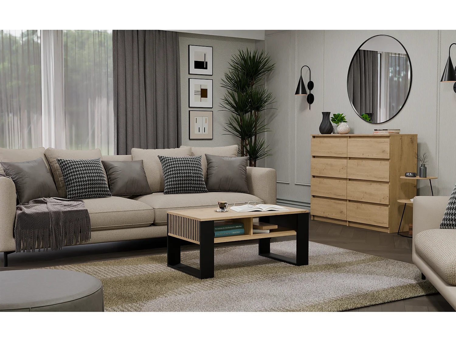 Ława Modern 2P SLIM | Dąb Artisan/Czarny | 90x58x50 cm | Stolik Kawowy