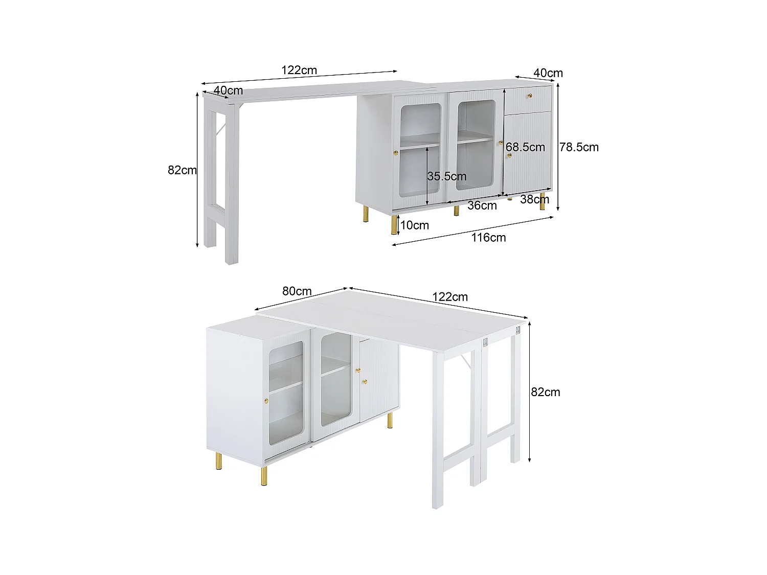 Buffet moderne avec plateau escamotable pivotante - rangements diverses - MDF - Blanc