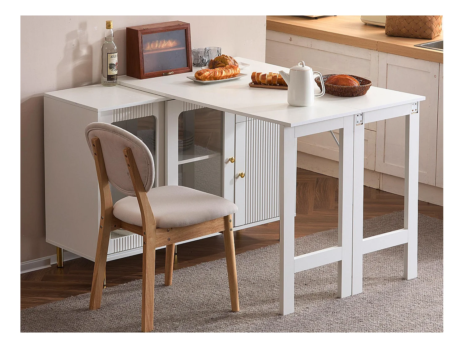 Buffet moderne avec plateau escamotable pivotante - rangements diverses - MDF - Blanc