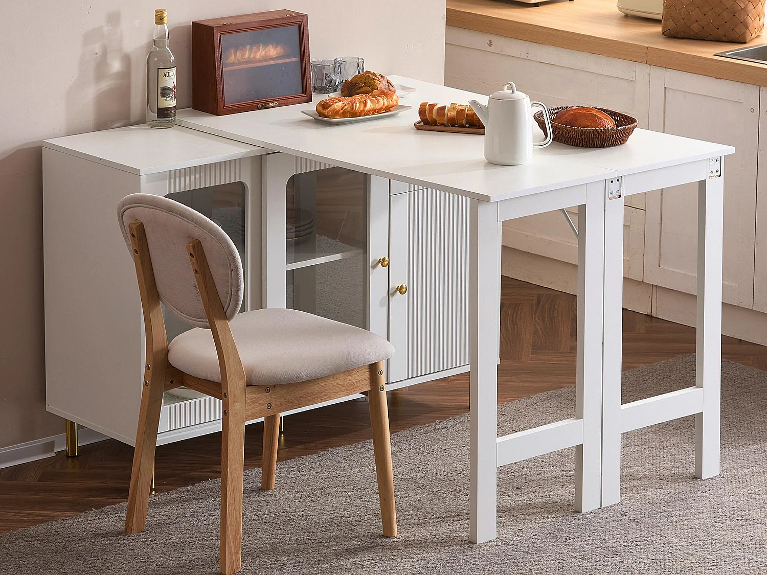 Modern dressoir met uitschuifbaar draaibaar blad - diverse opbergmogelijkheden - MDF - Wit