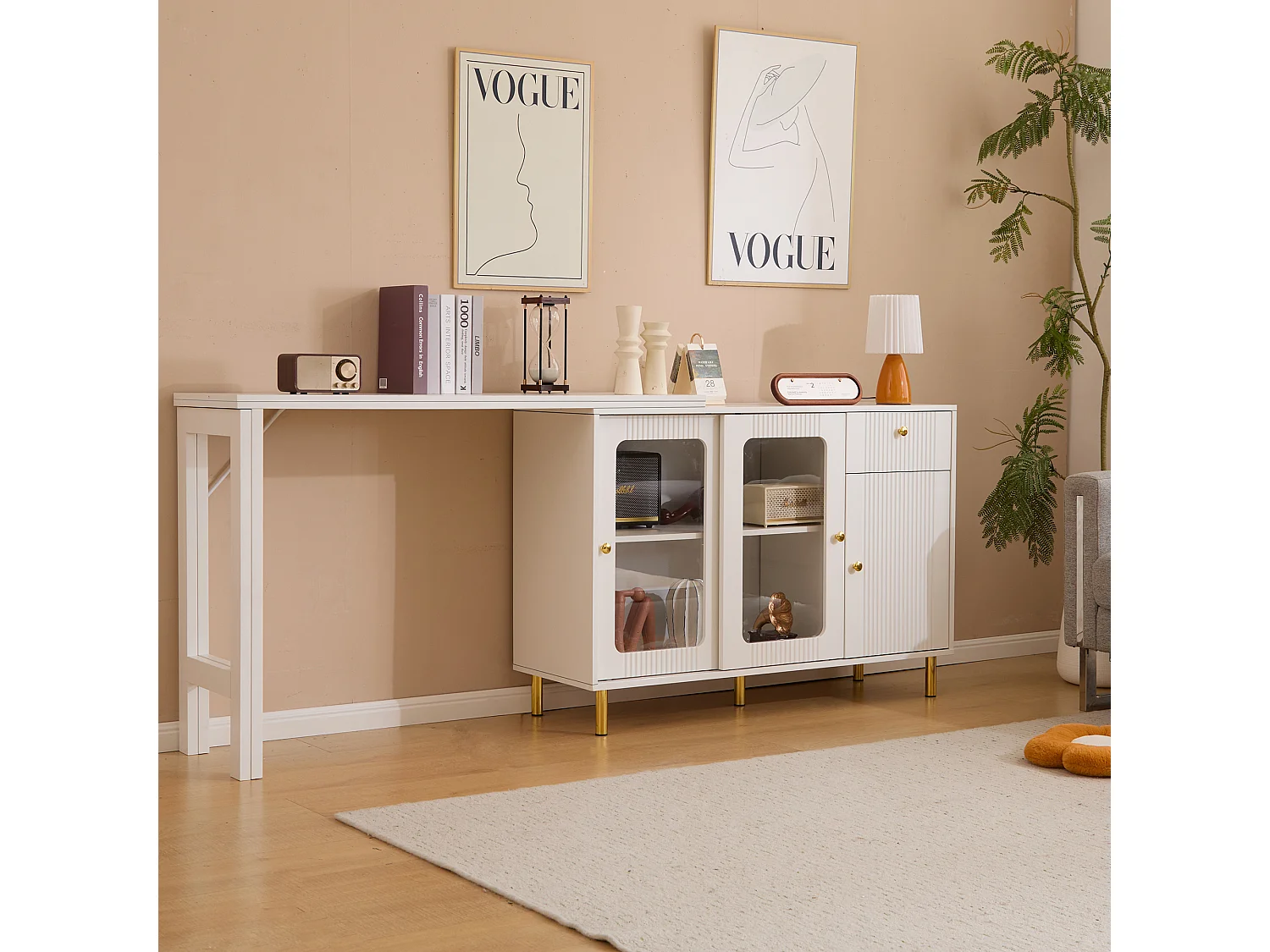 Modern dressoir met uitschuifbaar draaibaar blad - diverse opbergmogelijkheden - MDF - Wit